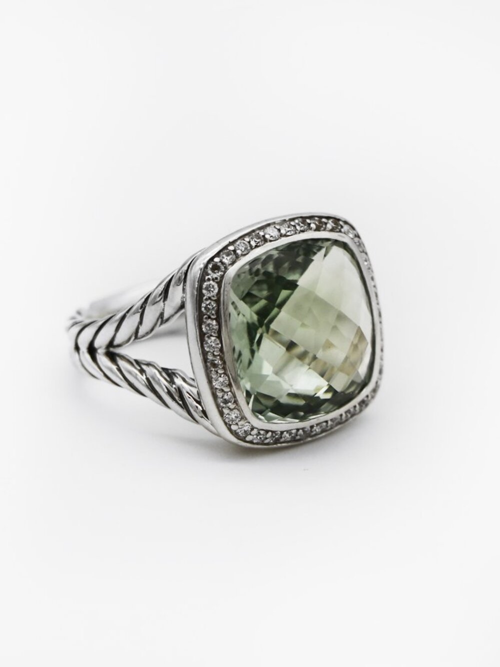 David Yurman 925 Silver Albion Diamond Prasiolite Halo Ring